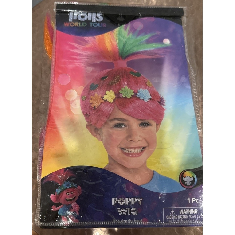 Trolls World Tour Poppy Wig Child One Size Rainbow Pink Flowers Glitter Hearts